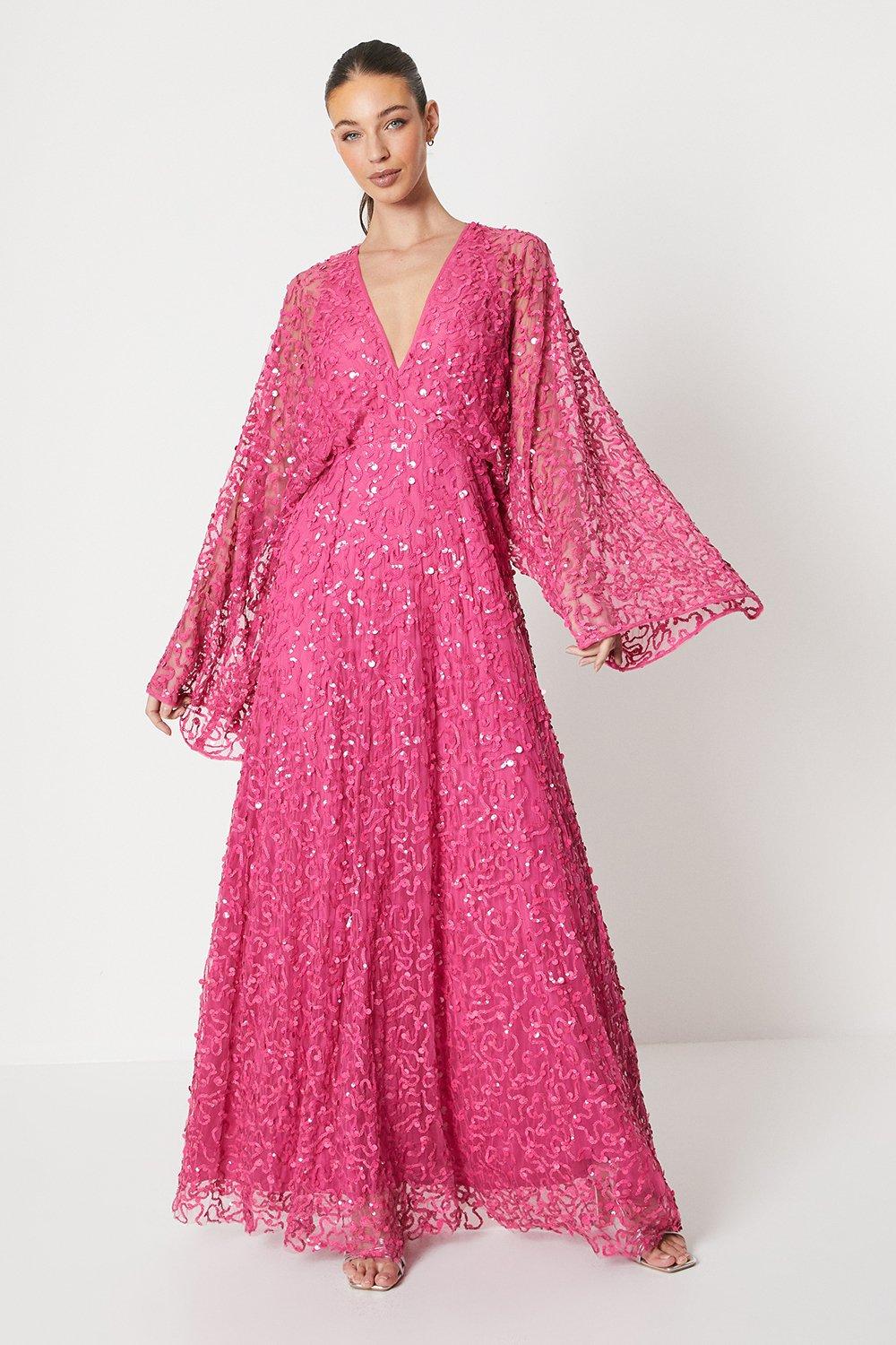 All Over Sequin Embellished Kimono Dress - Pink